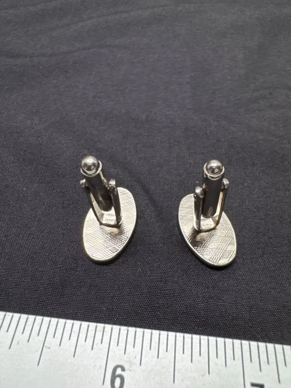 Silver Oval Cufflinks With Textured Back & Single Diamond Accent For Men